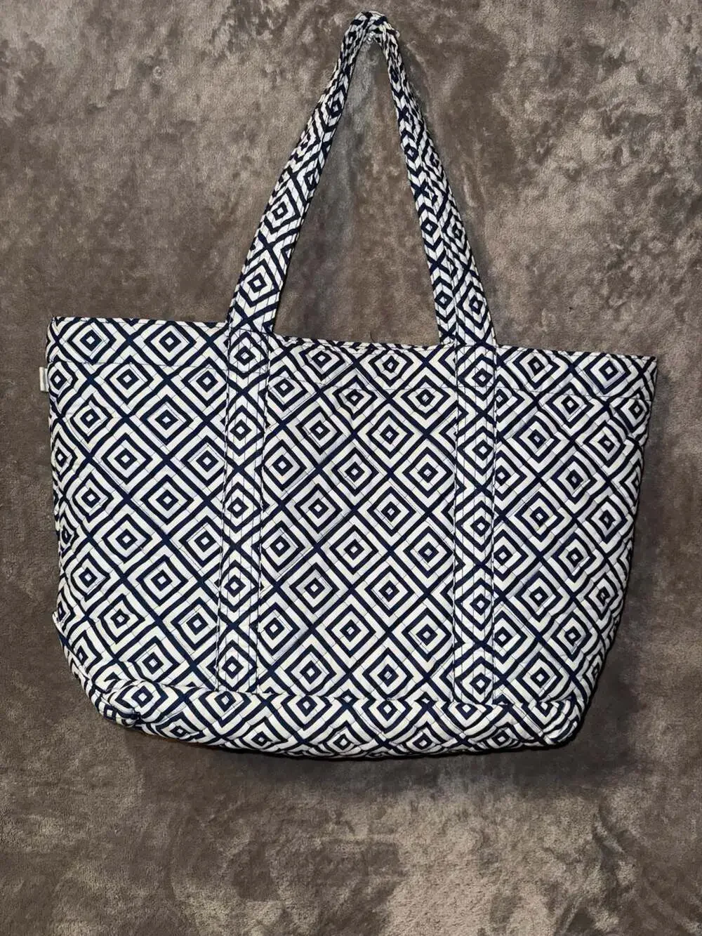Quilted Koala Navy and White Geometric Print Quilted Tote Bag